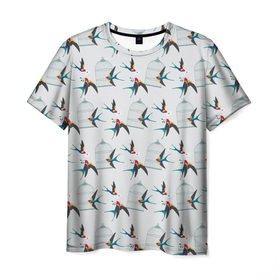 Мужская футболка 3D с принтом Ласточки в Петрозаводске, 100% полиэфир | прямой крой, круглый вырез горловины, длина до линии бедер | весна | клетка | ласточка | мозаика | письмо | птица | узор