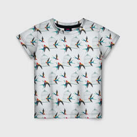 Детская футболка 3D с принтом Ласточки в Петрозаводске, 100% гипоаллергенный полиэфир | прямой крой, круглый вырез горловины, длина до линии бедер, чуть спущенное плечо, ткань немного тянется | весна | клетка | ласточка | мозаика | письмо | птица | узор