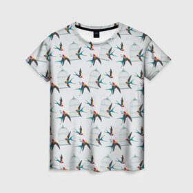 Женская футболка 3D с принтом Ласточки в Петрозаводске, 100% полиэфир ( синтетическое хлопкоподобное полотно) | прямой крой, круглый вырез горловины, длина до линии бедер | весна | клетка | ласточка | мозаика | письмо | птица | узор