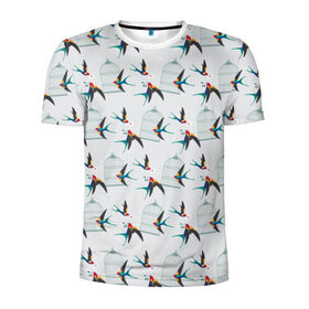 Мужская футболка 3D спортивная с принтом Ласточки в Петрозаводске, 100% полиэстер с улучшенными характеристиками | приталенный силуэт, круглая горловина, широкие плечи, сужается к линии бедра | весна | клетка | ласточка | мозаика | письмо | птица | узор