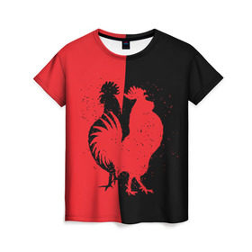 Женская футболка 3D с принтом черное и красное в Петрозаводске, 100% полиэфир ( синтетическое хлопкоподобное полотно) | прямой крой, круглый вырез горловины, длина до линии бедер | 2017 | new year | год | новогодний | новый | огненный | петух | петушок | с новым годом