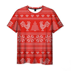 Мужская футболка 3D с принтом Вязанный свитер с петухами в Петрозаводске, 100% полиэфир | прямой крой, круглый вырез горловины, длина до линии бедер | 2017 | new year | год | новогодний | новый | огненный | петух | петушок | с новым годом