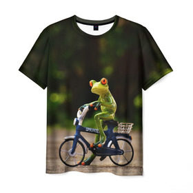 Мужская футболка 3D с принтом Лягушка в Петрозаводске, 100% полиэфир | прямой крой, круглый вырез горловины, длина до линии бедер | велосипед | жаба | животные | лягушка | мини | фигурка