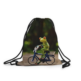 Рюкзак-мешок 3D с принтом Лягушка в Петрозаводске, 100% полиэстер | плотность ткани — 200 г/м2, размер — 35 х 45 см; лямки — толстые шнурки, застежка на шнуровке, без карманов и подкладки | велосипед | жаба | животные | лягушка | мини | фигурка