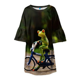 Детское платье 3D с принтом Лягушка в Петрозаводске, 100% полиэстер | прямой силуэт, чуть расширенный к низу. Круглая горловина, на рукавах — воланы | Тематика изображения на принте: велосипед | жаба | животные | лягушка | мини | фигурка