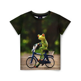 Детская футболка 3D с принтом Лягушка в Петрозаводске, 100% гипоаллергенный полиэфир | прямой крой, круглый вырез горловины, длина до линии бедер, чуть спущенное плечо, ткань немного тянется | велосипед | жаба | животные | лягушка | мини | фигурка