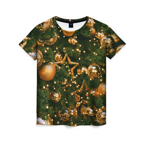 Женская футболка 3D с принтом Праздничные шары в Петрозаводске, 100% полиэфир ( синтетическое хлопкоподобное полотно) | прямой крой, круглый вырез горловины, длина до линии бедер | елка | елочные | звезды | золото | игрушки | хвоя | шары