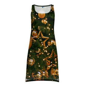 Платье-майка 3D с принтом Праздничные шары в Петрозаводске, 100% полиэстер | полуприлегающий силуэт, широкие бретели, круглый вырез горловины, удлиненный подол сзади. | елка | елочные | звезды | золото | игрушки | хвоя | шары
