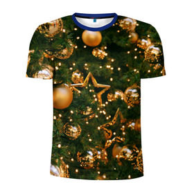 Мужская футболка 3D спортивная с принтом Праздничные шары в Петрозаводске, 100% полиэстер с улучшенными характеристиками | приталенный силуэт, круглая горловина, широкие плечи, сужается к линии бедра | елка | елочные | звезды | золото | игрушки | хвоя | шары