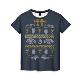 Женская футболка 3D с принтом Новогодний свитер Чужой в Петрозаводске, 100% полиэфир ( синтетическое хлопкоподобное полотно) | прямой крой, круглый вырез горловины, длина до линии бедер | alien | new year | новогодний