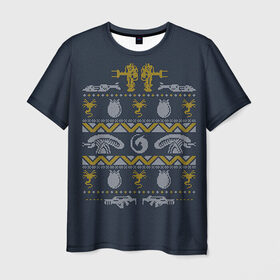 Мужская футболка 3D с принтом Новогодний свитер Чужой в Петрозаводске, 100% полиэфир | прямой крой, круглый вырез горловины, длина до линии бедер | alien | new year | новогодний