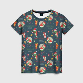 Женская футболка 3D с принтом Гринч в Петрозаводске, 100% полиэфир ( синтетическое хлопкоподобное полотно) | прямой крой, круглый вырез горловины, длина до линии бедер | ангел | ёлка | ель | зима | колокольчик | нг | новый год | олень | рождество | санта | снег