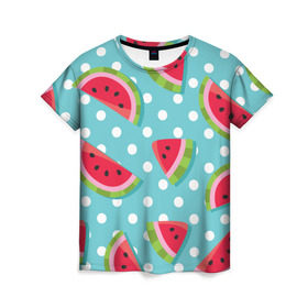 Женская футболка 3D с принтом Арбузный рай в Петрозаводске, 100% полиэфир ( синтетическое хлопкоподобное полотно) | прямой крой, круглый вырез горловины, длина до линии бедер | berry | eat | fruit | pattern | sweet | watermelon | арбуз | еда | сладость | узор | фрукт | ягода