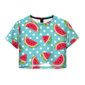 Женская футболка 3D укороченная с принтом Арбузный рай в Петрозаводске, 100% полиэстер | круглая горловина, длина футболки до линии талии, рукава с отворотами | berry | eat | fruit | pattern | sweet | watermelon | арбуз | еда | сладость | узор | фрукт | ягода