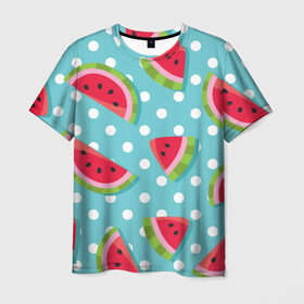 Мужская футболка 3D с принтом Арбузный рай в Петрозаводске, 100% полиэфир | прямой крой, круглый вырез горловины, длина до линии бедер | berry | eat | fruit | pattern | sweet | watermelon | арбуз | еда | сладость | узор | фрукт | ягода