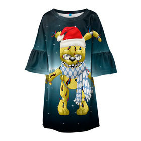 Детское платье 3D с принтом Five Nights At Freddy`s в Петрозаводске, 100% полиэстер | прямой силуэт, чуть расширенный к низу. Круглая горловина, на рукавах — воланы | Тематика изображения на принте: fnaf | freddy | бонни | медведь | мишка | фнаф | фокси | фредди