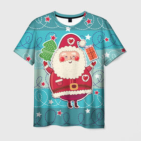 Мужская футболка 3D с принтом Дед мороз с подарками в Петрозаводске, 100% полиэфир | прямой крой, круглый вырез горловины, длина до линии бедер | 2017 | дед мороз | новогодняя елка | новый год | подарок на новый год | санта | санта клаус | снег | снежинки