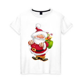 Женская футболка хлопок с принтом Дед мороз с подарками в Петрозаводске, 100% хлопок | прямой крой, круглый вырез горловины, длина до линии бедер, слегка спущенное плечо | дед мороз | новогодний | рождество | санта клаус