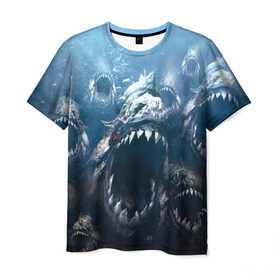 Мужская футболка 3D с принтом Голодные пираньи в Петрозаводске, 100% полиэфир | прямой крой, круглый вырез горловины, длина до линии бедер | еда | зубы | клыки | кровь | людоед | монстр | пираньи | пиранья | рыбы | ужас | хищник | челюсти | чудовище