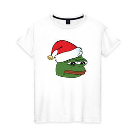 Женская футболка хлопок с принтом New year sad frog в Петрозаводске, 100% хлопок | прямой крой, круглый вырез горловины, длина до линии бедер, слегка спущенное плечо | pepe | новогодний | пепе | шапка