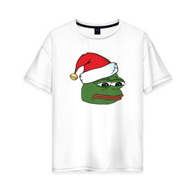 Женская футболка хлопок Oversize с принтом New year sad frog в Петрозаводске, 100% хлопок | свободный крой, круглый ворот, спущенный рукав, длина до линии бедер
 | Тематика изображения на принте: pepe | новогодний | пепе | шапка
