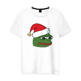 Мужская футболка хлопок с принтом New year sad frog в Петрозаводске, 100% хлопок | прямой крой, круглый вырез горловины, длина до линии бедер, слегка спущенное плечо. | pepe | новогодний | пепе | шапка