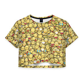 Женская футболка 3D укороченная с принтом Смайлики. Стикербомбинг в Петрозаводске, 100% полиэстер | круглая горловина, длина футболки до линии талии, рукава с отворотами | emoji | желтый | мем | смайл | стикербомбинг | текстура | улыбка | эмодзи