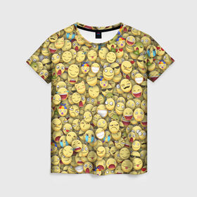 Женская футболка 3D с принтом Смайлики. Стикербомбинг в Петрозаводске, 100% полиэфир ( синтетическое хлопкоподобное полотно) | прямой крой, круглый вырез горловины, длина до линии бедер | emoji | желтый | мем | смайл | стикербомбинг | текстура | улыбка | эмодзи