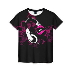 Женская футболка 3D с принтом Music love в Петрозаводске, 100% полиэфир ( синтетическое хлопкоподобное полотно) | прямой крой, круглый вырез горловины, длина до линии бедер | dj | klub | music | губы | диджей | клуб | музыка | наушники