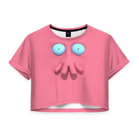 Женская футболка 3D укороченная с принтом Доктор Зойдберг в Петрозаводске, 100% полиэстер | круглая горловина, длина футболки до линии талии, рукава с отворотами | будущее | врач | краб | лицо | розовый | фантастика | футурама | щупальца
