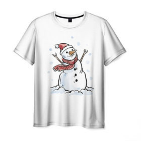 Мужская футболка 3D с принтом Снеговик в Петрозаводске, 100% полиэфир | прямой крой, круглый вырез горловины, длина до линии бедер | happy new year | new year | santa claus | дед мороз | дедушка мороз | новый год | санта клаус | снеговик