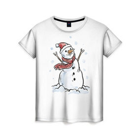 Женская футболка 3D с принтом Снеговик в Петрозаводске, 100% полиэфир ( синтетическое хлопкоподобное полотно) | прямой крой, круглый вырез горловины, длина до линии бедер | happy new year | new year | santa claus | дед мороз | дедушка мороз | новый год | санта клаус | снеговик