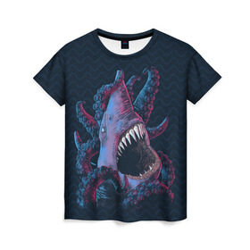 Женская футболка 3D с принтом Underwater Fight в Петрозаводске, 100% полиэфир ( синтетическое хлопкоподобное полотно) | прямой крой, круглый вырез горловины, длина до линии бедер | акула | осьминог