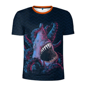 Мужская футболка 3D спортивная с принтом Underwater Fight в Петрозаводске, 100% полиэстер с улучшенными характеристиками | приталенный силуэт, круглая горловина, широкие плечи, сужается к линии бедра | акула | осьминог