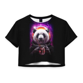 Женская футболка 3D укороченная с принтом Panda Cosmonaut в Петрозаводске, 100% полиэстер | круглая горловина, длина футболки до линии талии, рукава с отворотами | bear | galaxy | panda | space | star | астронавт | галактика | звезда | космонавт | космос | медведь | панда