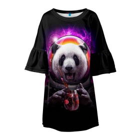 Детское платье 3D с принтом Panda Cosmonaut в Петрозаводске, 100% полиэстер | прямой силуэт, чуть расширенный к низу. Круглая горловина, на рукавах — воланы | bear | galaxy | panda | space | star | астронавт | галактика | звезда | космонавт | космос | медведь | панда