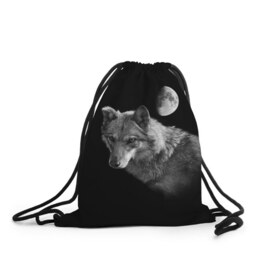 Рюкзак-мешок 3D с принтом Ночной Волк в Петрозаводске, 100% полиэстер | плотность ткани — 200 г/м2, размер — 35 х 45 см; лямки — толстые шнурки, застежка на шнуровке, без карманов и подкладки | волк | волки | животные | звери | луна | ночь | серый | черно белый