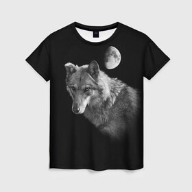 Женская футболка 3D с принтом Ночной Волк в Петрозаводске, 100% полиэфир ( синтетическое хлопкоподобное полотно) | прямой крой, круглый вырез горловины, длина до линии бедер | волк | волки | животные | звери | луна | ночь | серый | черно белый