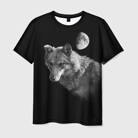 Мужская футболка 3D с принтом Ночной Волк в Петрозаводске, 100% полиэфир | прямой крой, круглый вырез горловины, длина до линии бедер | волк | волки | животные | звери | луна | ночь | серый | черно белый