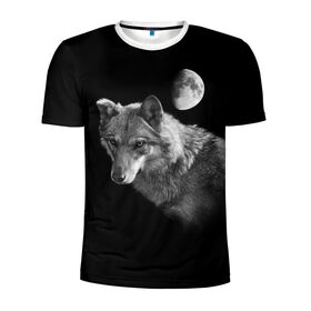Мужская футболка 3D спортивная с принтом Ночной Волк в Петрозаводске, 100% полиэстер с улучшенными характеристиками | приталенный силуэт, круглая горловина, широкие плечи, сужается к линии бедра | Тематика изображения на принте: волк | волки | животные | звери | луна | ночь | серый | черно белый
