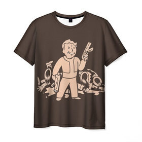 Мужская футболка 3D с принтом Волт-бой с оружием Fallout 4 в Петрозаводске, 100% полиэфир | прямой крой, круглый вырез горловины, длина до линии бедер | 111 | dweller | fallout | убежище | фаллаут