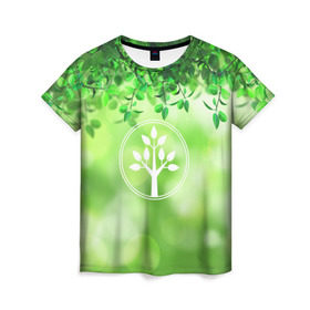 Женская футболка 3D с принтом Береги природу в Петрозаводске, 100% полиэфир ( синтетическое хлопкоподобное полотно) | прямой крой, круглый вырез горловины, длина до линии бедер | береги природу | дерево | зелёная | зелень | листья | природа