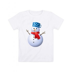 Детская футболка хлопок с принтом Снеговик в Петрозаводске, 100% хлопок | круглый вырез горловины, полуприлегающий силуэт, длина до линии бедер | Тематика изображения на принте: 