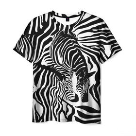 Мужская футболка 3D с принтом Зебра в Петрозаводске, 100% полиэфир | прямой крой, круглый вырез горловины, длина до линии бедер | дикое | животное | зебра | камуфляж | лошадь | маскировка | полосы | текстура | фон | черно белые