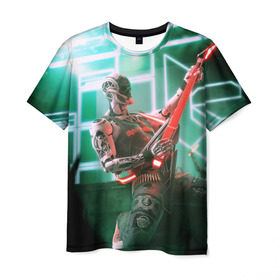 Мужская футболка 3D с принтом Rocker Robot в Петрозаводске, 100% полиэфир | прямой крой, круглый вырез горловины, длина до линии бедер | Тематика изображения на принте: rock | гитара | музыка | робот | рок