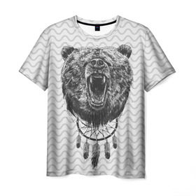 Мужская футболка 3D с принтом Bear Dreamcatcher в Петрозаводске, 100% полиэфир | прямой крой, круглый вырез горловины, длина до линии бедер | bear | beast | forest | russia | siberian | зверь | лес | ловец | медведь | россия | сибирь | сон | ярость