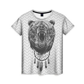 Женская футболка 3D с принтом Bear Dreamcatcher в Петрозаводске, 100% полиэфир ( синтетическое хлопкоподобное полотно) | прямой крой, круглый вырез горловины, длина до линии бедер | bear | beast | forest | russia | siberian | зверь | лес | ловец | медведь | россия | сибирь | сон | ярость