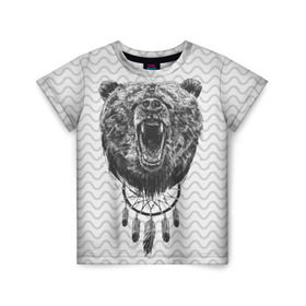 Детская футболка 3D с принтом Bear Dreamcatcher в Петрозаводске, 100% гипоаллергенный полиэфир | прямой крой, круглый вырез горловины, длина до линии бедер, чуть спущенное плечо, ткань немного тянется | Тематика изображения на принте: bear | beast | forest | russia | siberian | зверь | лес | ловец | медведь | россия | сибирь | сон | ярость