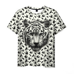 Мужская футболка 3D с принтом Tiger Dreams в Петрозаводске, 100% полиэфир | прямой крой, круглый вырез горловины, длина до линии бедер | bird | cat | dream | fly | tiger | кис | кот | кошка | мечте | мяу | полет | птица | тигр