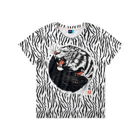 Детская футболка 3D с принтом Yin Yang Tigers в Петрозаводске, 100% гипоаллергенный полиэфир | прямой крой, круглый вырез горловины, длина до линии бедер, чуть спущенное плечо, ткань немного тянется | Тематика изображения на принте: tiger | yin yang | инь ян | китай | сила | тигр | ярость